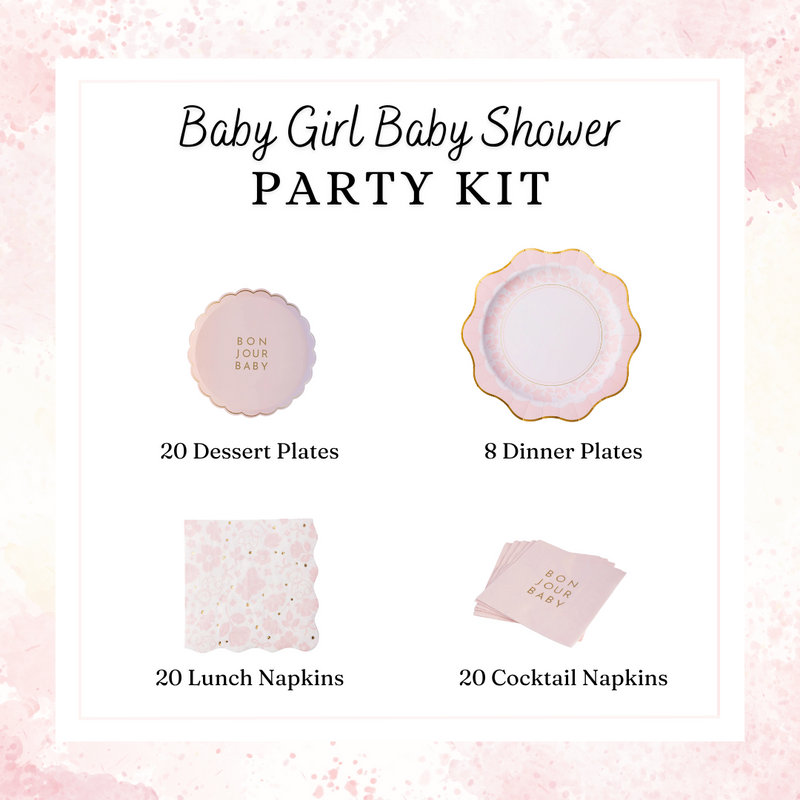 Graphic showing contents of the Baby Girl Shower Party Kit: dessert plates, dinner plates, lunch napkins and cocktail napkins.