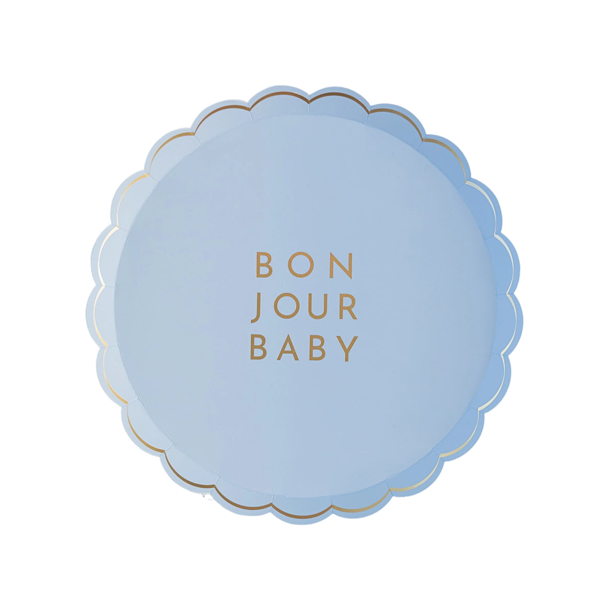 Single scalloped sky‑blue dessert plate with gold BON JOUR BABY text and metallic rim photographed against white background.