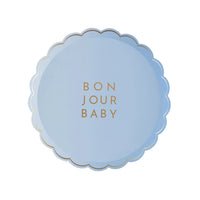 Single scalloped sky‑blue dessert plate with gold BON JOUR BABY text and metallic rim photographed against white background.