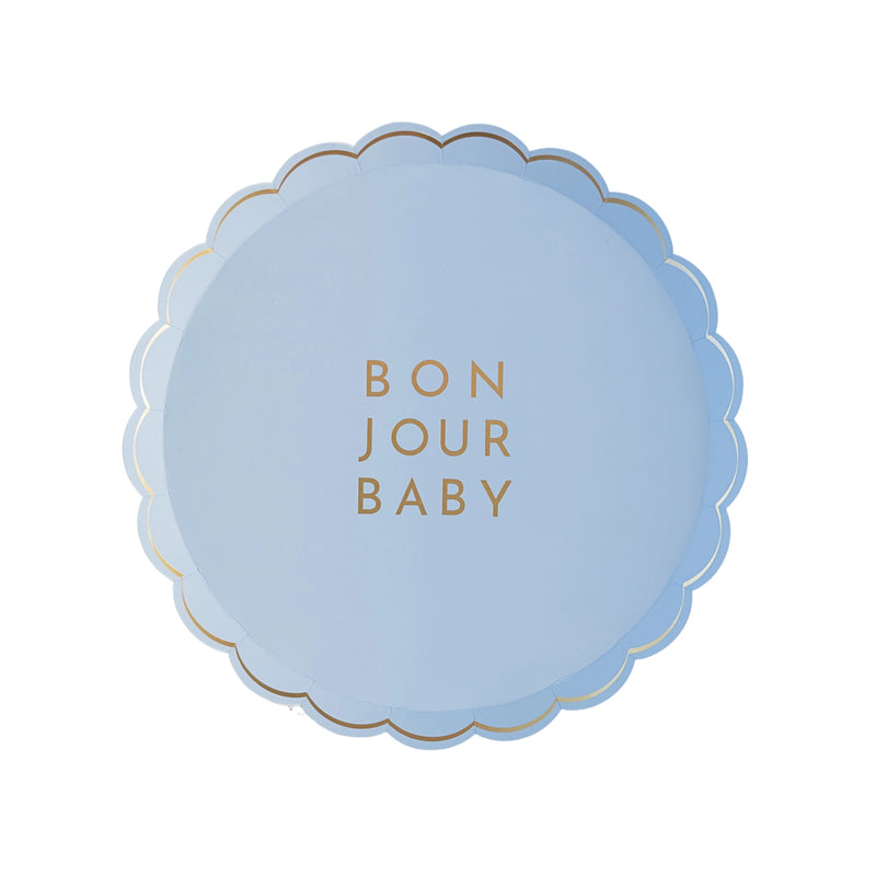 Single scalloped sky‑blue dessert plate with gold BON JOUR BABY text and metallic rim photographed against white background.