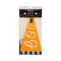 Close-up of orange felt pennant that reads Boo—cute, reusable party supplies.
