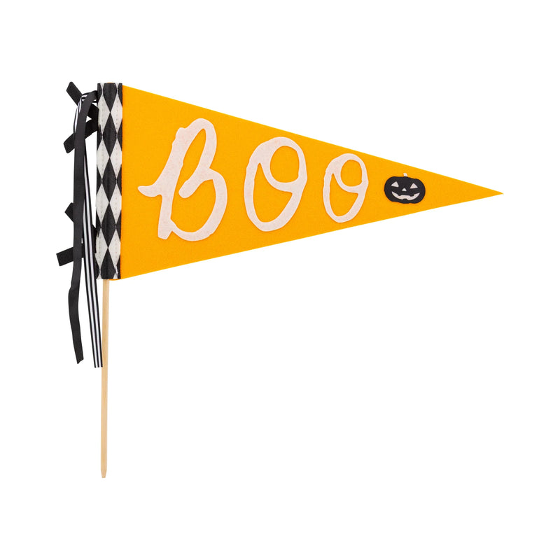 Orange Boo felt pennant on dowel with black ribbons—perfect for a Boo Basket.