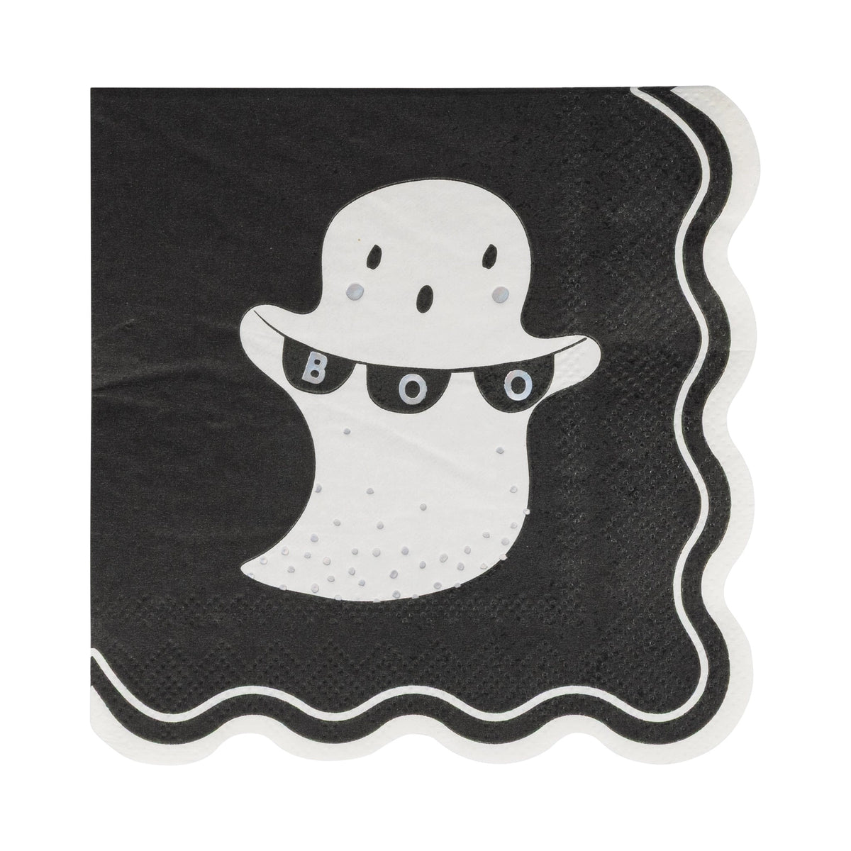 Unfolded black cocktail napkin with white ghost holding “BOO” banner and scalloped white edge