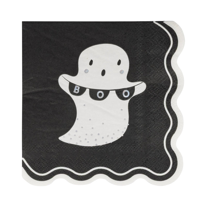Unfolded black cocktail napkin with white ghost holding “BOO” banner and scalloped white edge