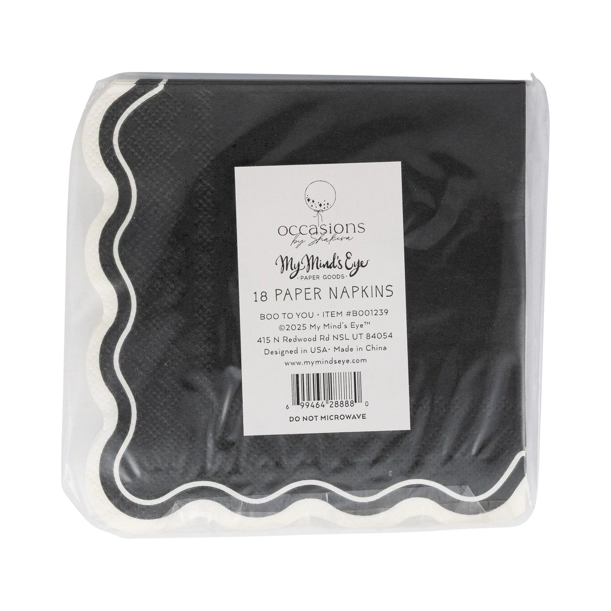 Back of sealed pack showing product label on black scalloped Halloween napkins