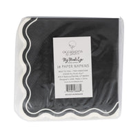 Back of sealed pack showing product label on black scalloped Halloween napkins