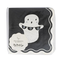 Front view of sealed pack featuring smiling ghost with “BOO” banner on black Halloween napkins