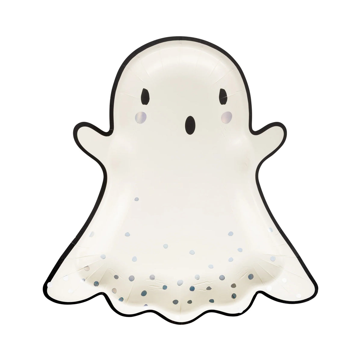 Isolated ghost-shaped Halloween plate on white background with subtle holographic confetti border.