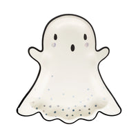 Isolated ghost-shaped Halloween plate on white background with subtle holographic confetti border.