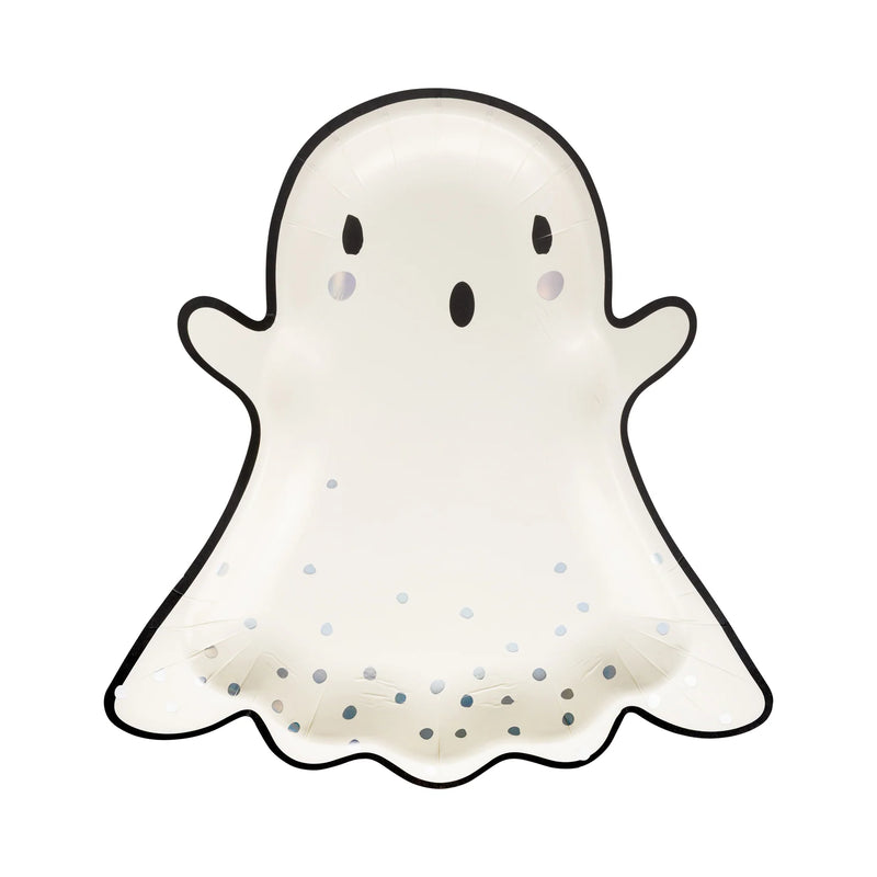 Isolated ghost-shaped Halloween plate on white background with subtle holographic confetti border.