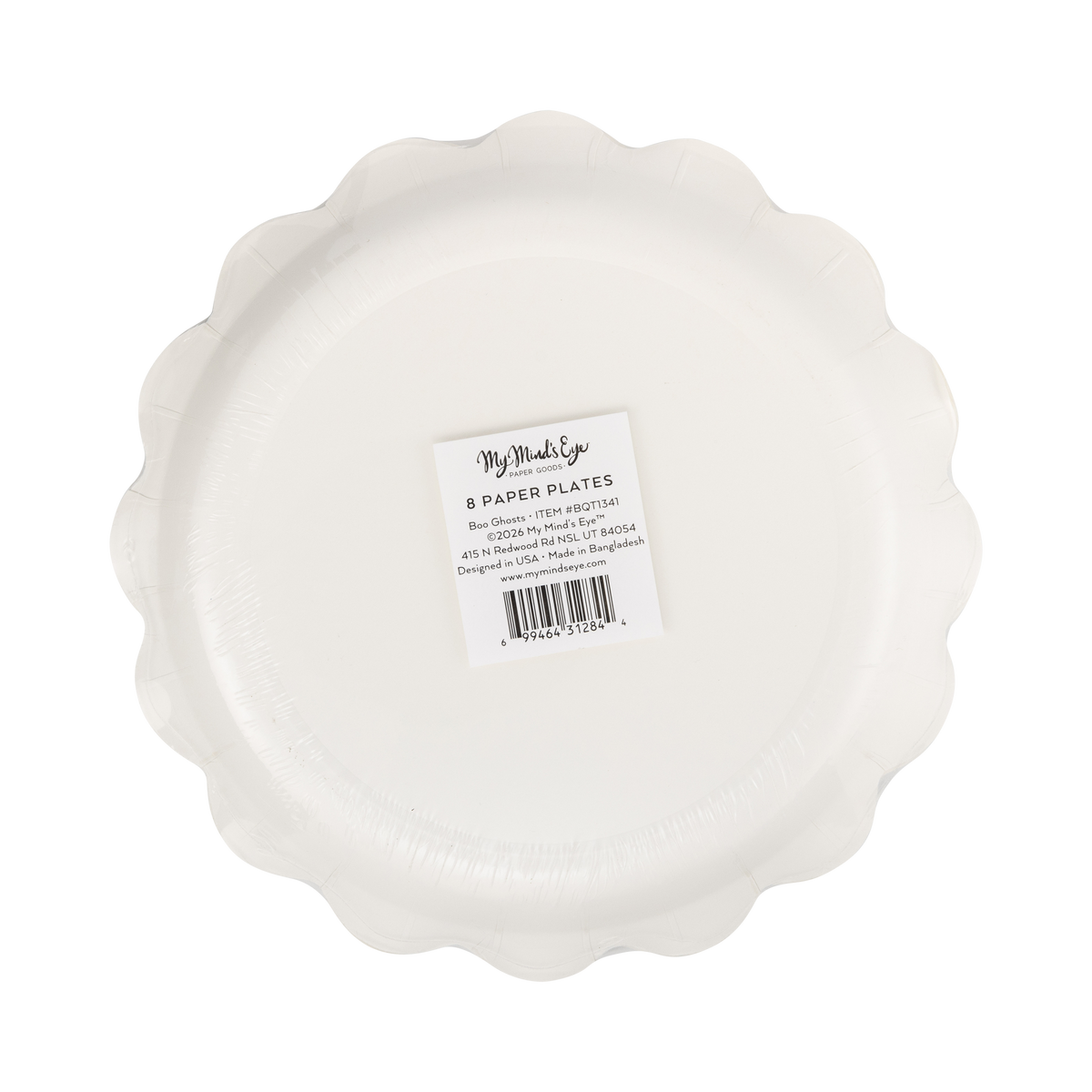 Back packaging of a paper plate with a label on a white background.
