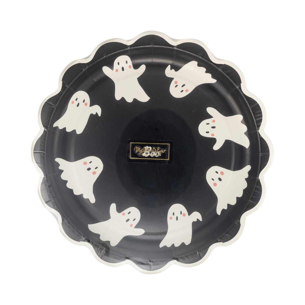 Front packaging of a Black paper plate with white ghost designs on a white background.