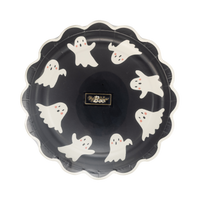 Front packaging of a Black paper plate with white ghost designs on a white background.