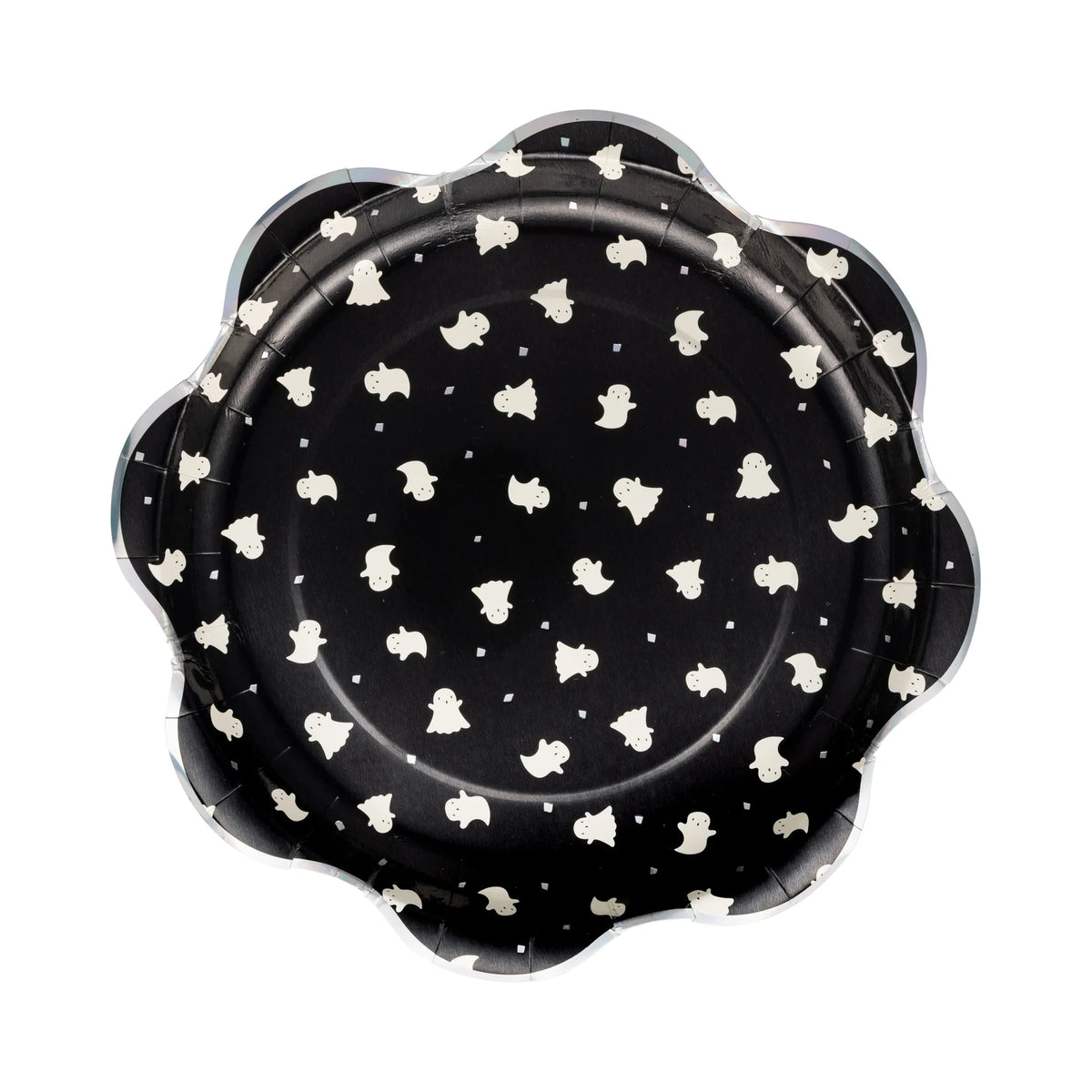 Isolated hero shot of single 10-inch Boo Ghost Scatter plate on pure-white background. Eight-petal scallop rim edged in subtle holographic foil; deep black center sprinkled with dozens of cute ivory ghosts drifting among reflective confetti, evoking starlit sky. Slight drop shadow shows rigid 400 gsm thickness able to hold chili, sandwiches, or cupcakes without sagging. High-resolution image showcases pattern density, foil sheen, and playful design perfect for mix-and-match Halloween party setups.