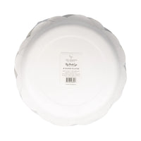 Shrink-wrapped eight-count Boo Ghost Scatter plate pack lying label-side up. Clean white plate backs reveal sturdy pressed-paper depth; centered rectangle sticker lists My Mind’s Eye branding, item code BOO1241, barcode, FSC logo, and ‘Do Not Microwave’ warning. Transparent film hugs scalloped edges, hinting at hidden holographic foil rim. Studio lights create subtle highlights across cellophane, emphasizing pristine, factory-sealed condition ready for shipping, retail display, or busy-mom party prep.