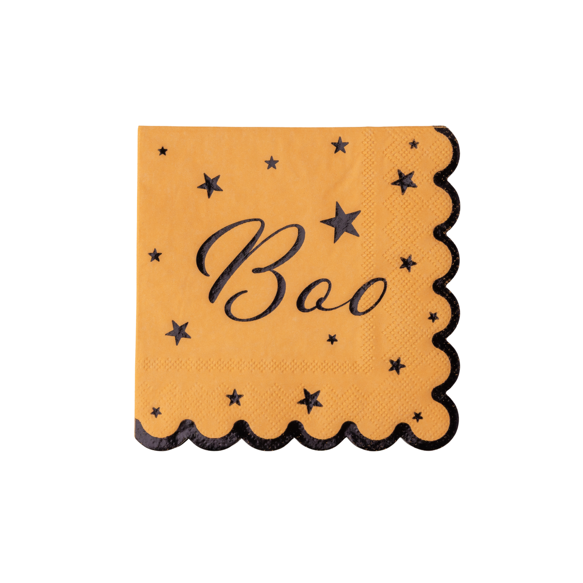Orange Halloween cocktail napkin with Boo in black script, black stars and a black scalloped edge