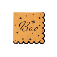 Orange Halloween cocktail napkin with Boo in black script, black stars and a black scalloped edge