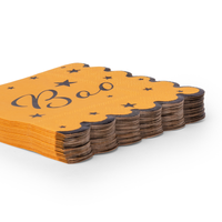 Stack of orange Boo Halloween cocktail napkins showing the black scalloped edge and 20 count