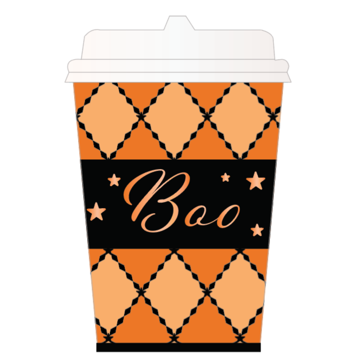 Orange harlequin Halloween paper coffee cup with a white lid and Boo in orange script on a black band