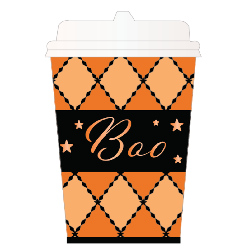 Orange harlequin Halloween paper coffee cup with a white lid and Boo in orange script on a black band