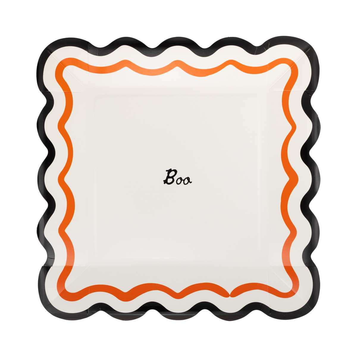 Boo Halloween paper plate with orange squiggle border and black scalloped edge on a white background.