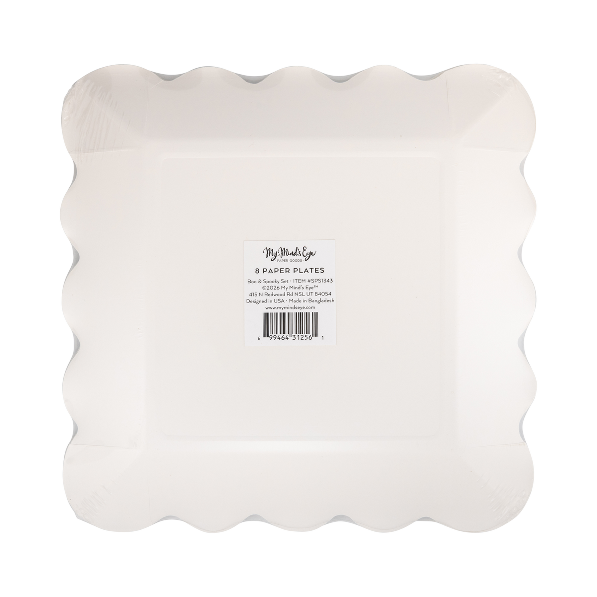 Back view of a cream square scalloped Halloween paper plate showing the set-of-8 packaging label.