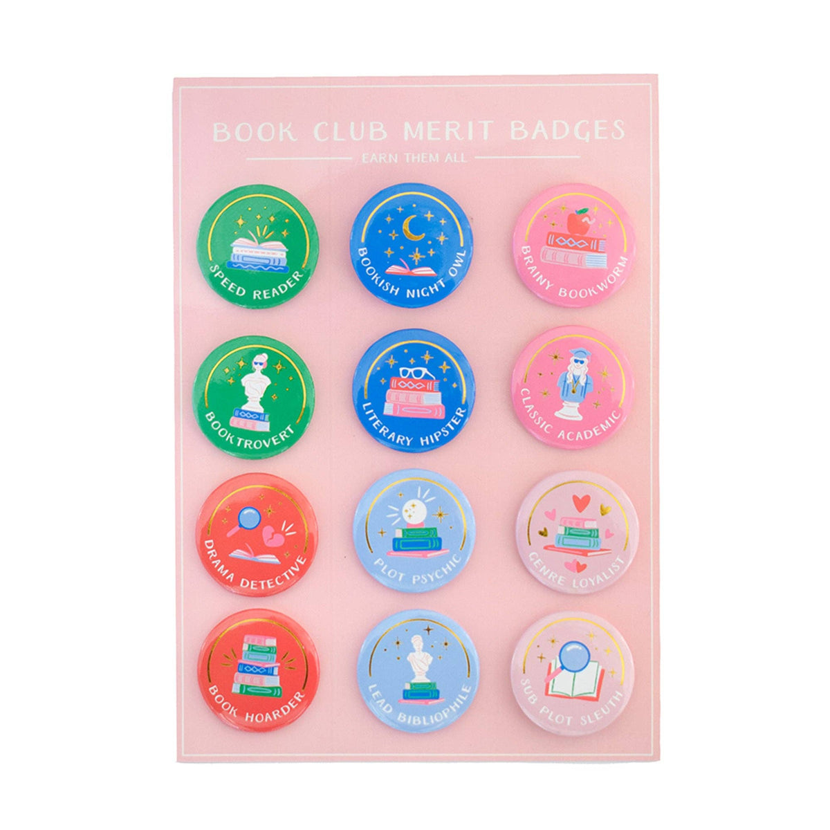Book Club Merit Badges display card showing 12 unique pin-back button designs in a 3-by-4 grid on a soft pink background, with "Book Club Merit Badges — Earn Them All" lettering at the top