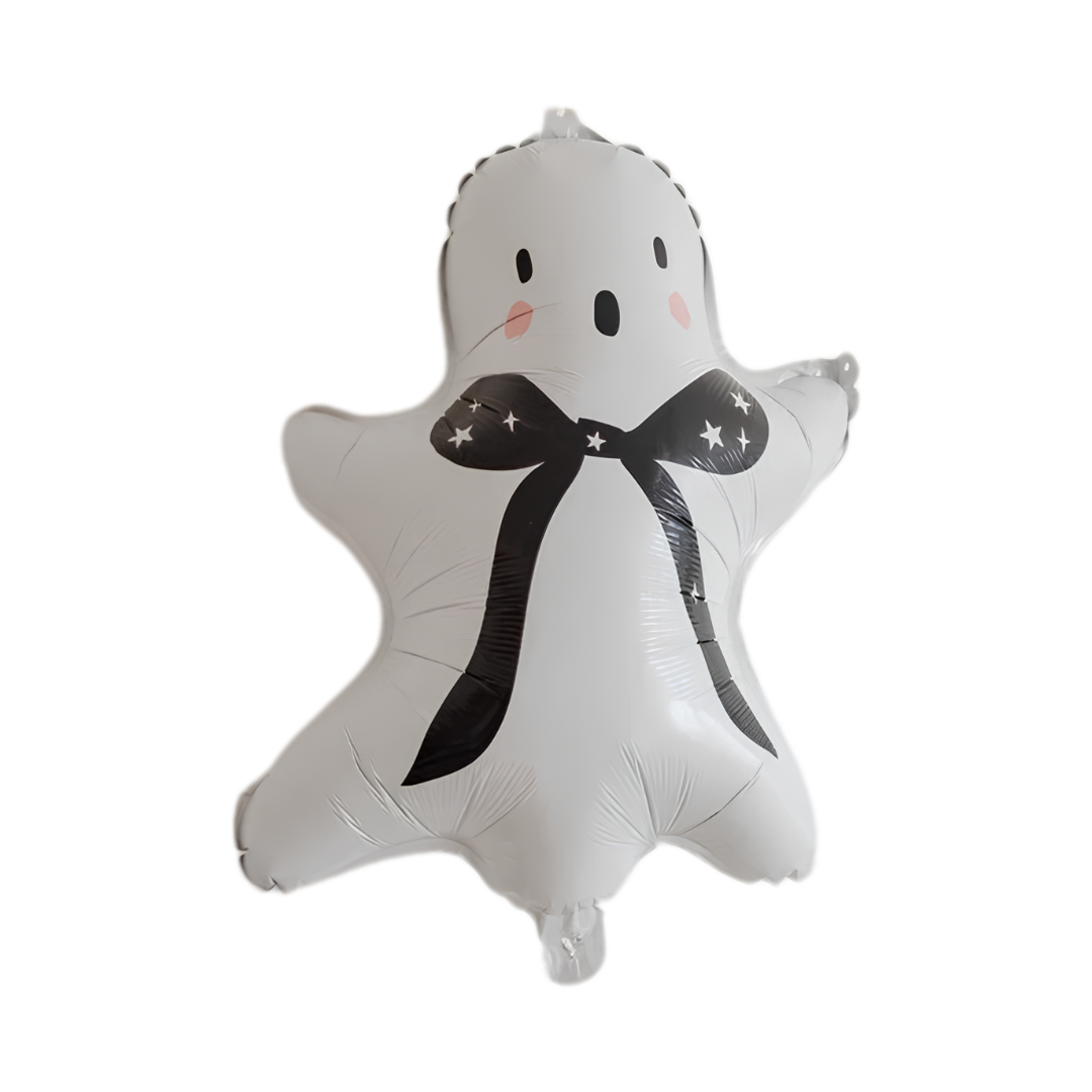 Ghost mylar balloon included in the Booquette Halloween party kit, white with a black star-print bow and pink cheeks
