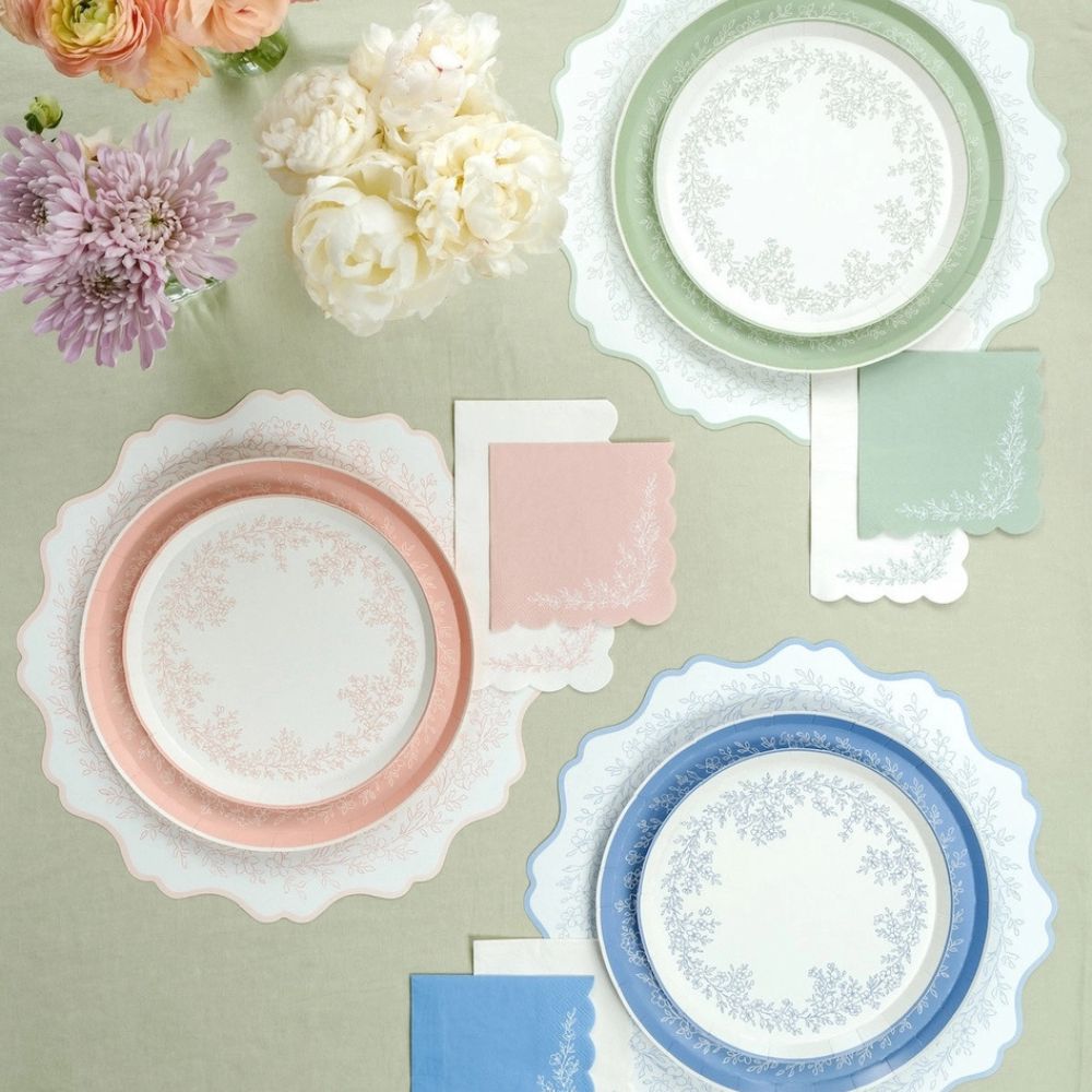 botanical cocktail napkins in sage green, blush pink, and dusty blue