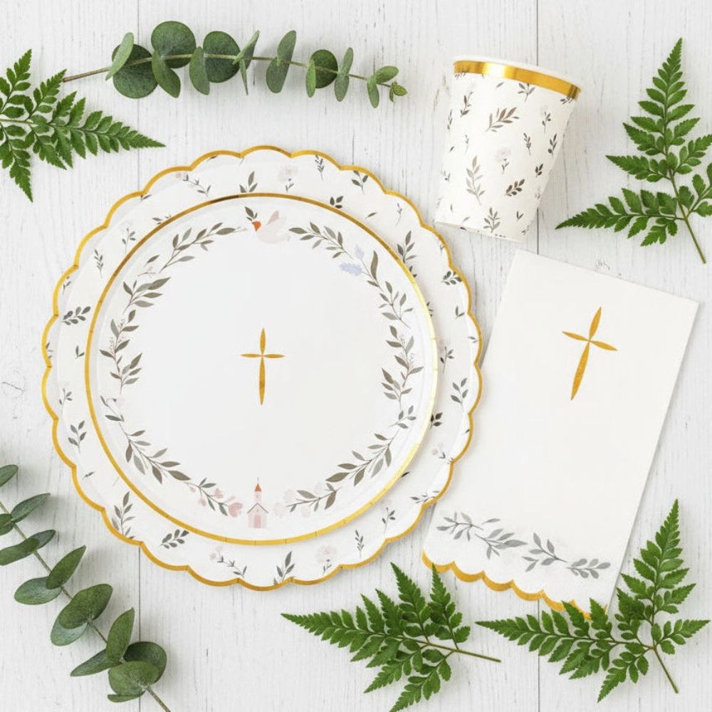 botanical party table with eucalyptus plates cups and napkins
