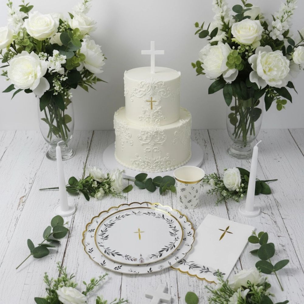 elegant white and greenery table setup with floral plates

