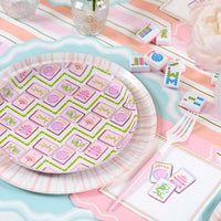 Mahjong Dessert Plates styled with tiles and a pink fork for a social Ladies Social Club lunch.