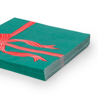Angled stack of green bow napkins showing the 20-count depth and red ribbon print