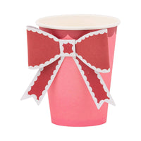 Pink and red bow party cup with layered paper bow for Valentine’s Day tableware