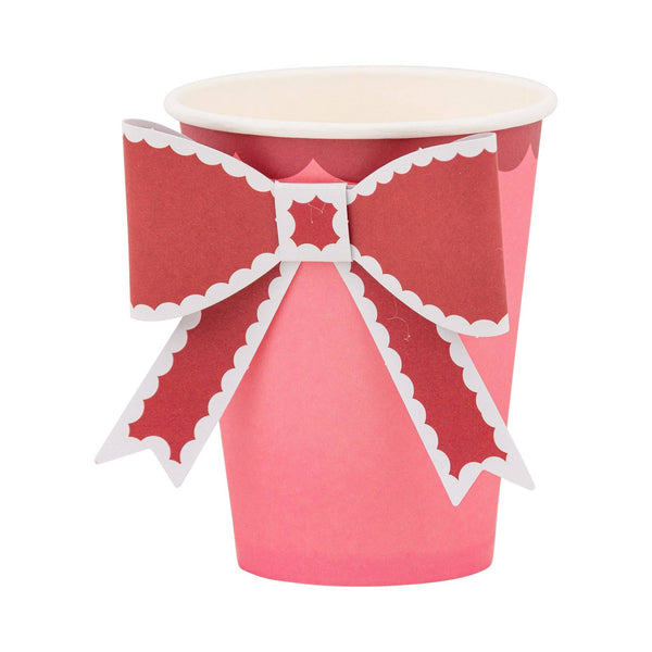 Pink and red bow party cup with layered paper bow for Valentine’s Day tableware