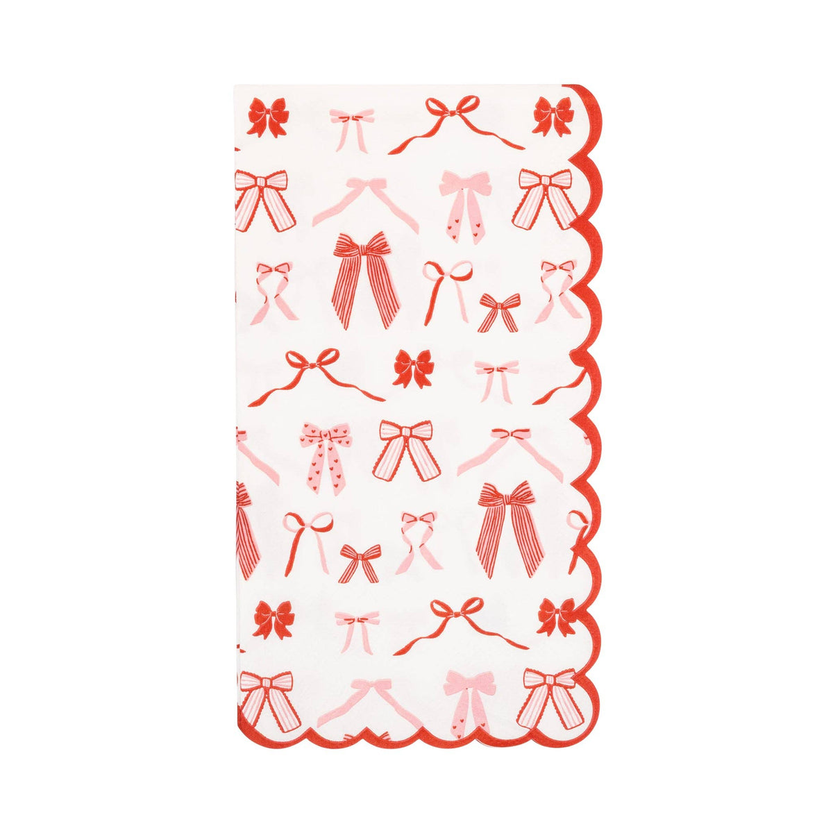 Bow pattern dinner napkin with red and pink bows and scalloped edge