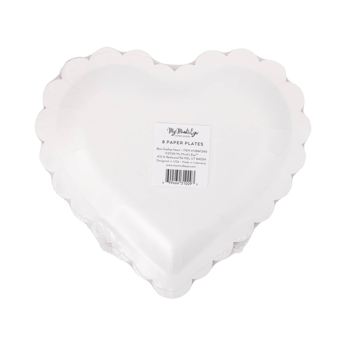 Back view of bow patterned heart shaped paper plate packaging