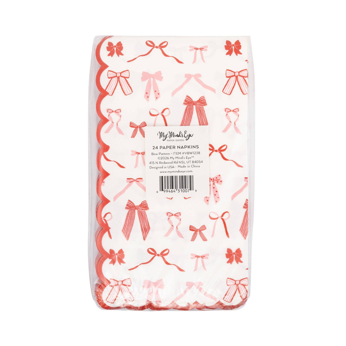 Back packaging of bow pattern dinner napkins showing product details