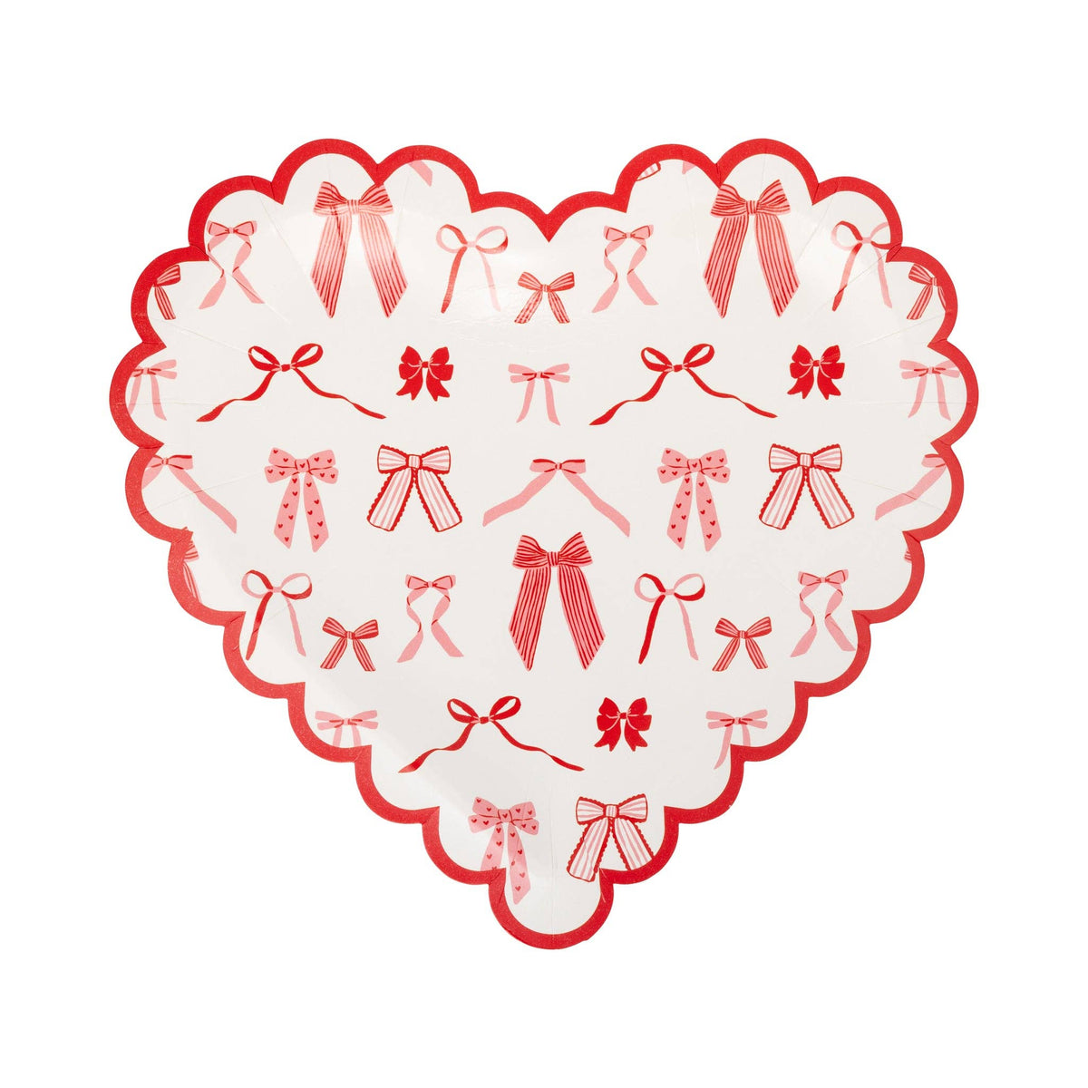 Bow pattern scalloped heart shaped paper plate in pink, red, and cream