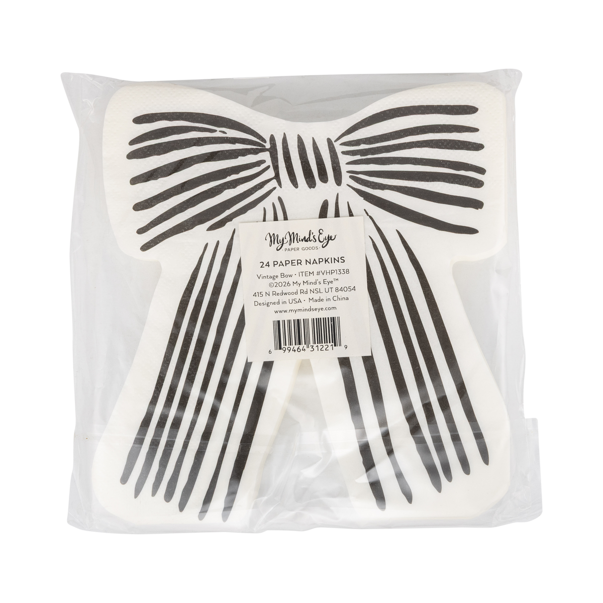 Packaged bow paper napkins with a decorative bow design, back view.