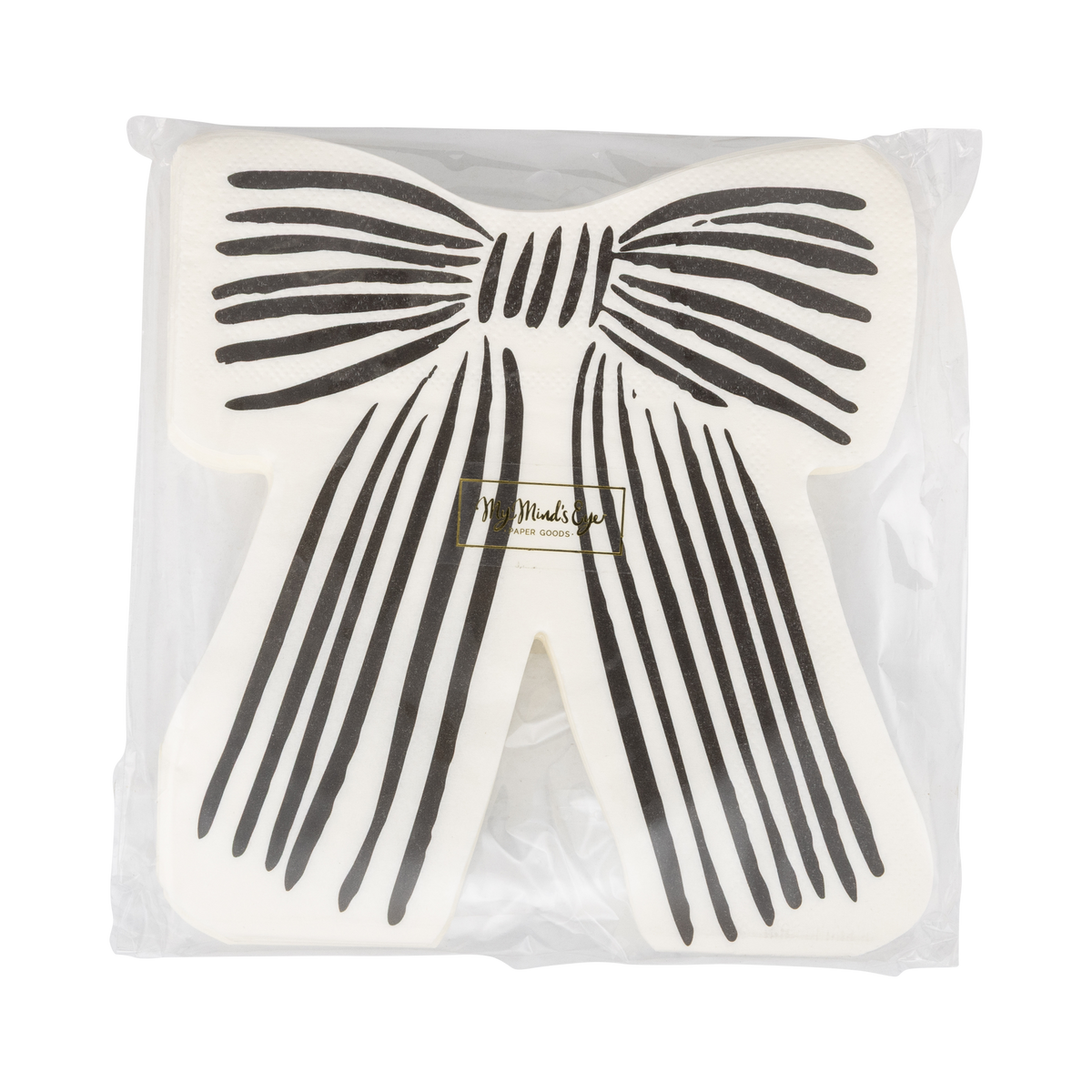 White and black bow design in packaging, front view.