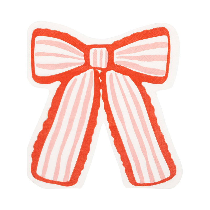 Bow shaped dinner napkin with red and pink striped design on white background