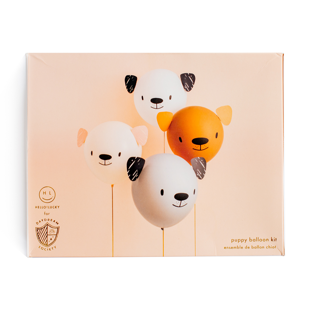 Bow Wow DIY puppy balloon kit packaging with neutral dog face balloons
