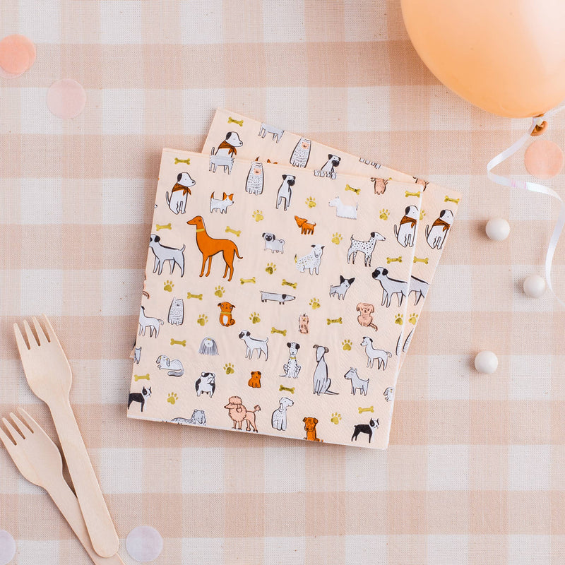 Bow Wow dog napkins styled on a table for a puppy birthday party