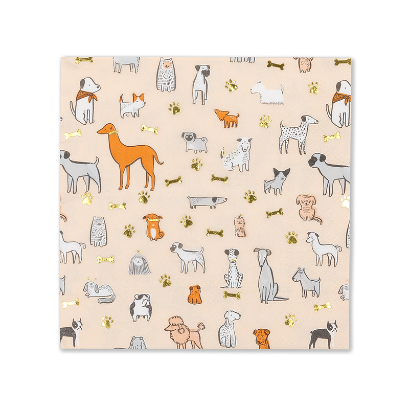 Neutral dog print paper napkins with gold foil paw prints and bones