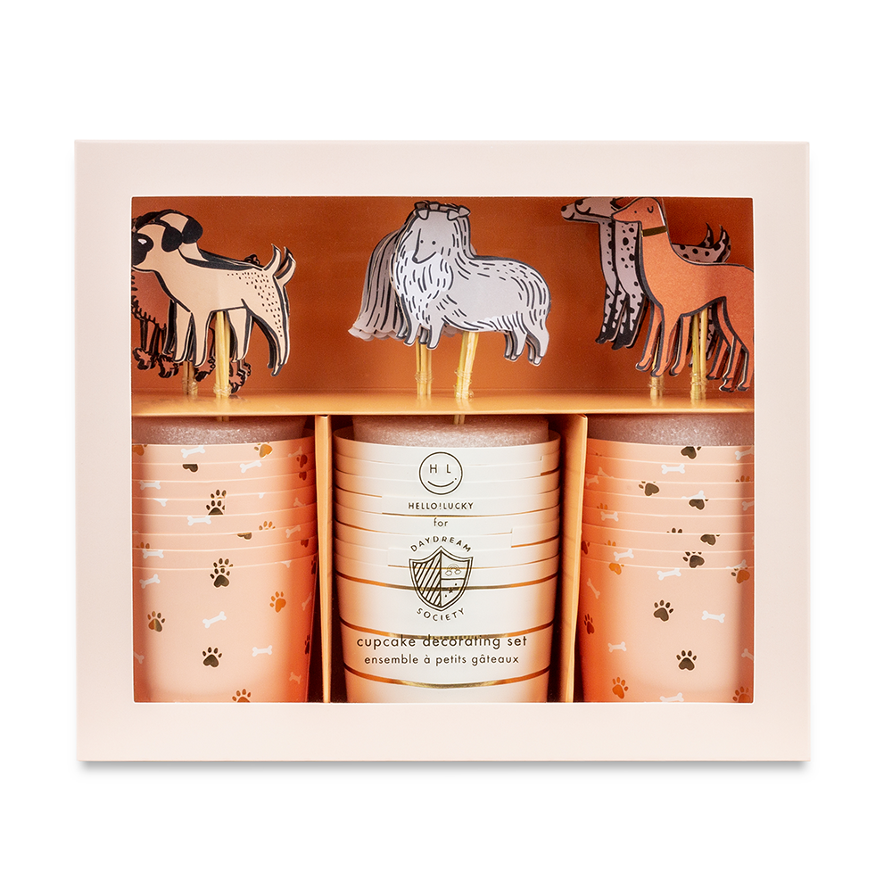 Bow Wow dog cupcake decorating set packaging with puppy toppers and baking cups