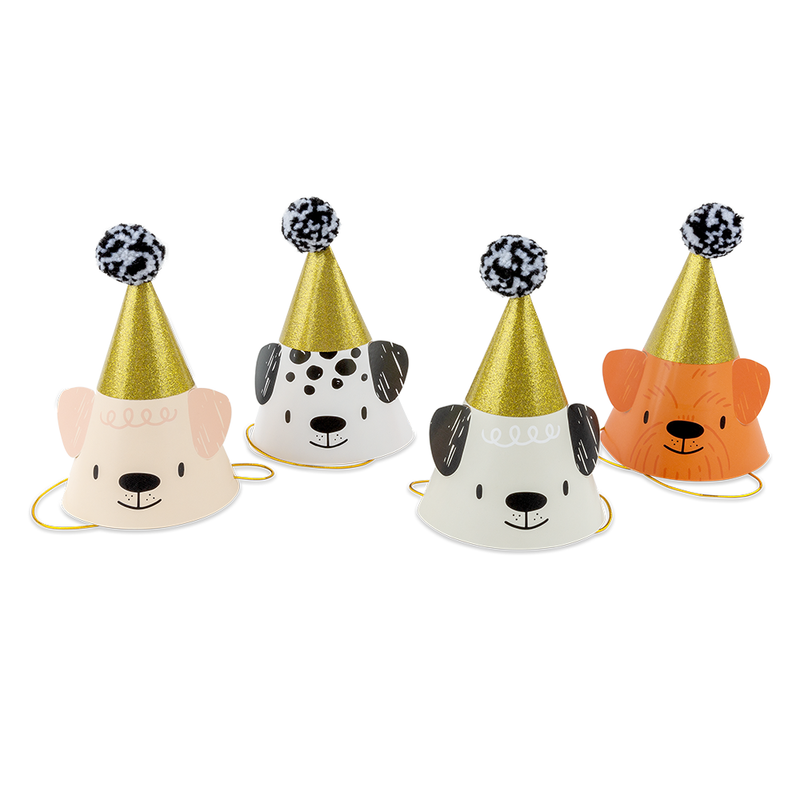 Set of Bow Wow dog party hats with gold cone tops and puppy face designs