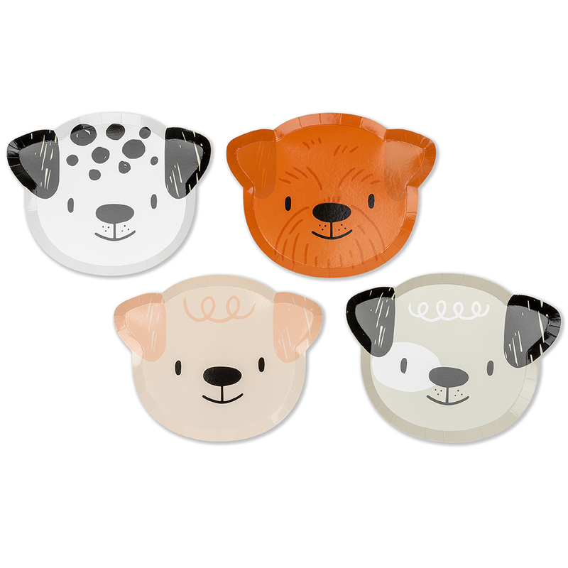 Set of four Bow Wow large dog face paper plates in neutral colors with gold foil details