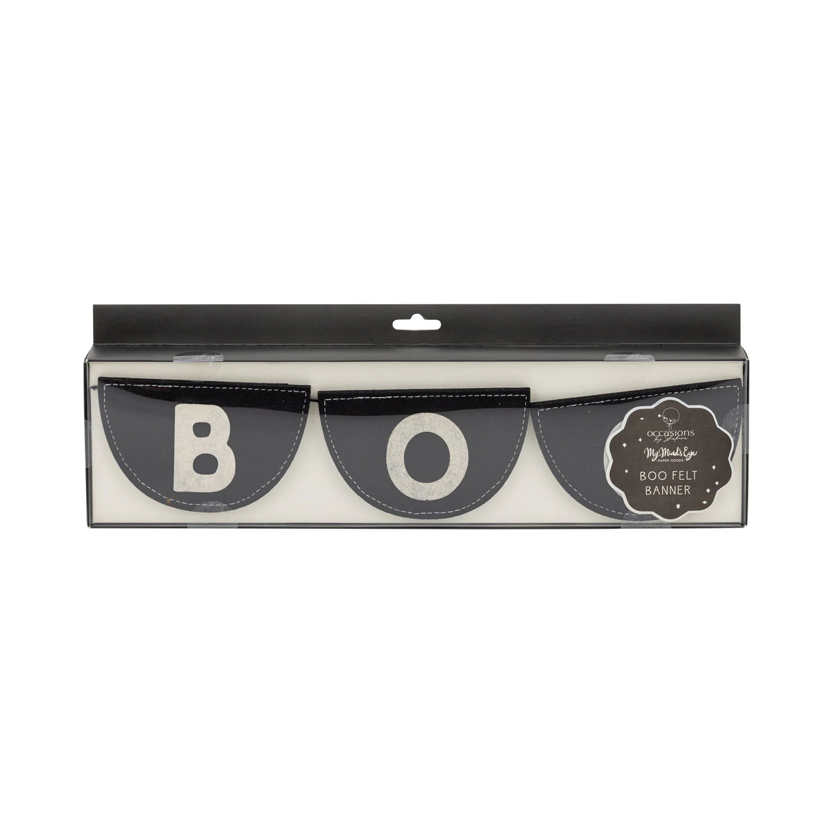 Close-up of retail display box containing Boo felt banner. Transparent window reveals three stacked black pennants—B, O, B—showing half-moon shape, clean white stitching and chunky serif lettering. Hang-tab top signals easy peg-wall merchandising; matte packaging suggests boutique quality. Perfect for e-commerce zoom, this image highlights texture, color accuracy and gift-worthy presentation for shoppers seeking premium Halloween banner décor.