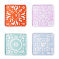 set of colorful fiesta party plates in orange purple mint and blue with folk inspired patterns

